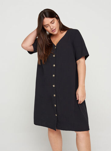 Short-sleeved cotton dress with buttons, Black, Model image number 0