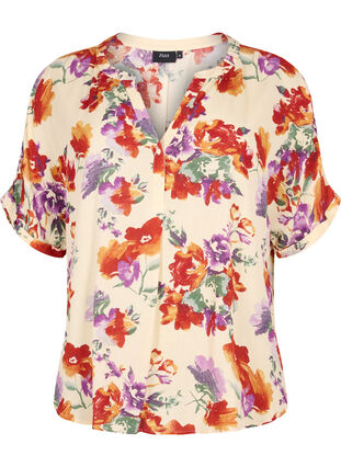 Floral viscose blouse with short sleeves, Buttercream Vintage, Packshot image number 0