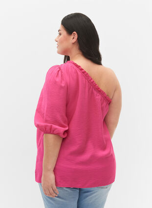 One-shoulder blouse in viscose, Fuchsia Purple, Model image number 1