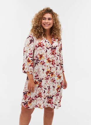 Viscose shirt tunic with 3/4 sleeves and print, Beige w. Flower AOP, Model image number 0