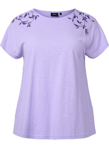 Cotton t-shirt with leaf print, Lavender C Leaf, Packshot image number 0
