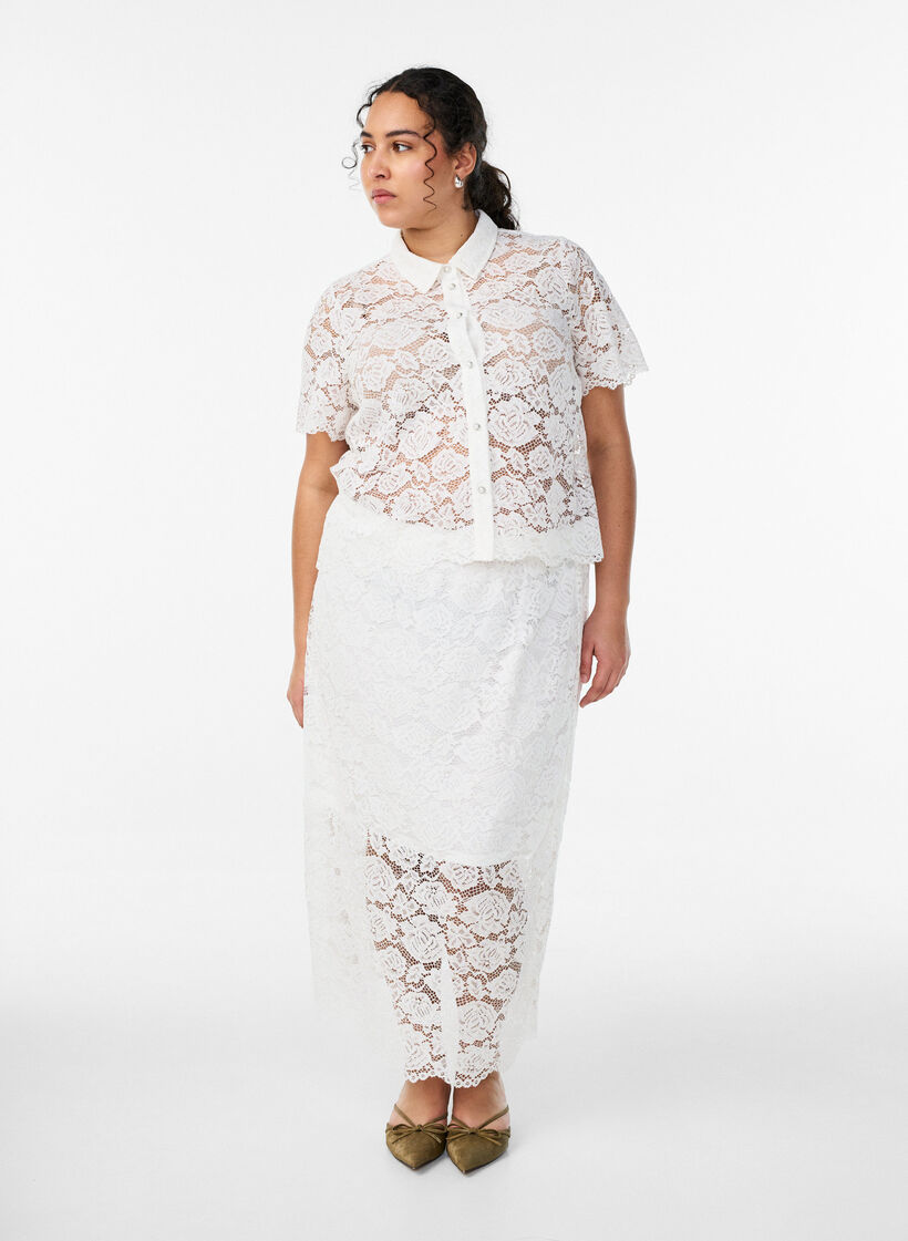 Lace midi skirt with an elasticated waist, White, Model image number 1
