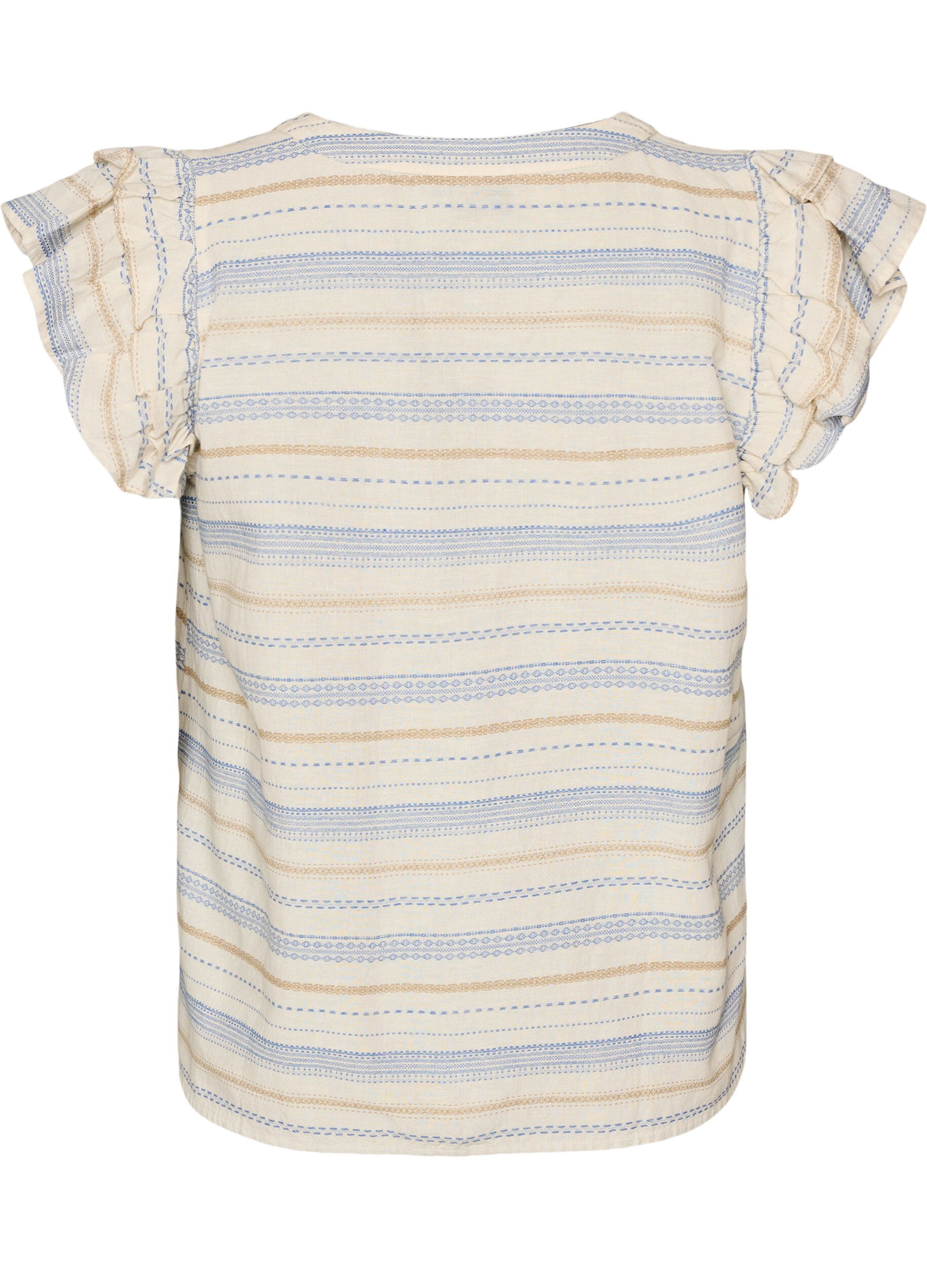 ZizzifashionSleeveless blouse with ruffles and patterned stripes, Vanilla, Packshot image number 1