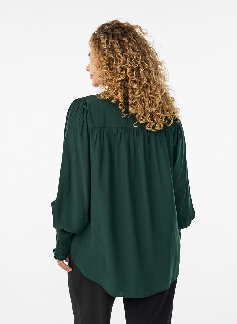 Blouse with ruffle collar and ruching, Green, Model image number 2