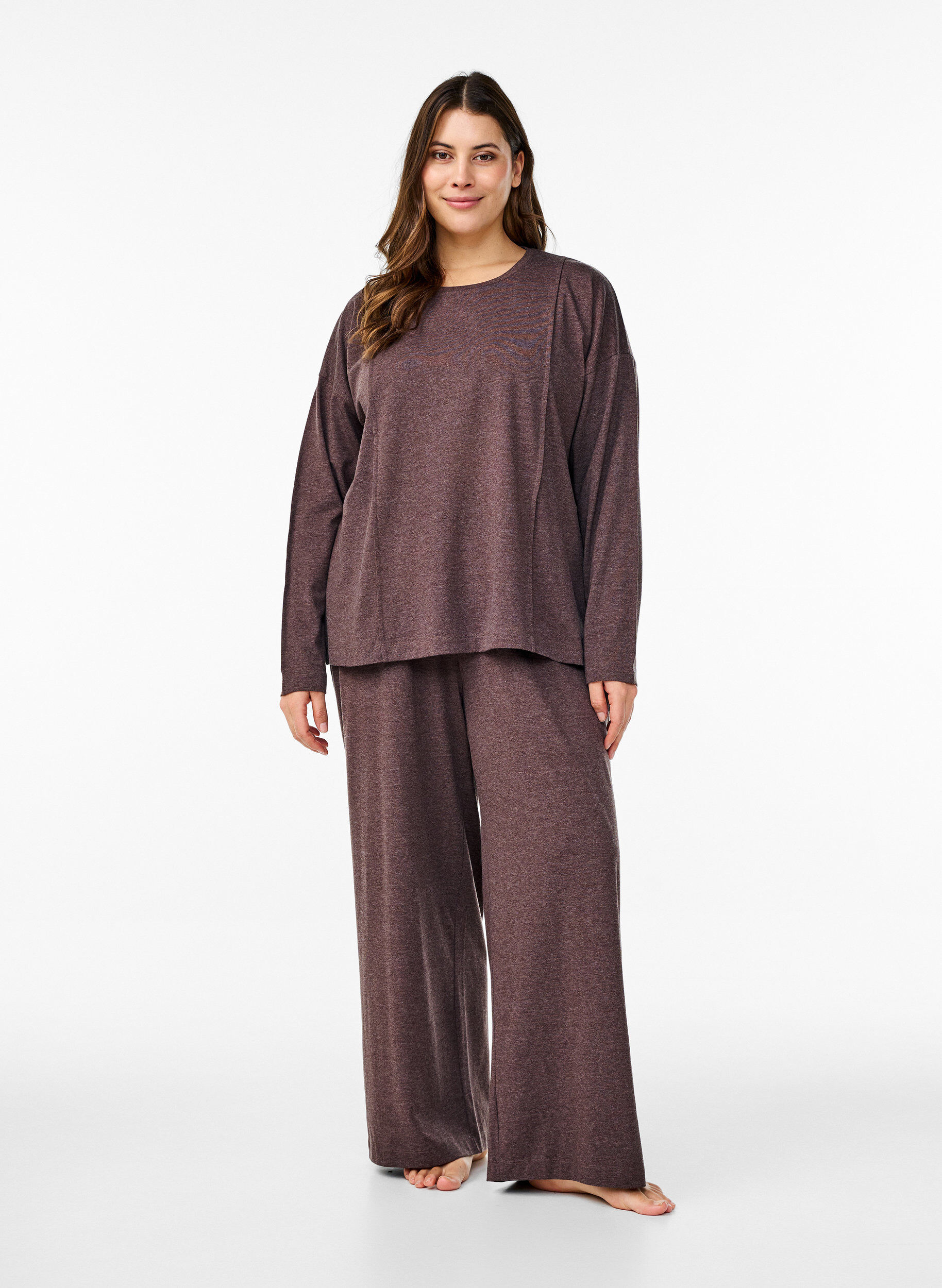 Zizzifashion Loose jersey blouse with seam details, Brown, Model image number 1