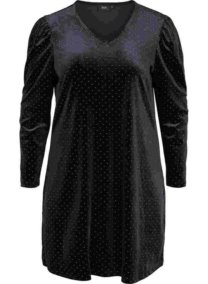 Long sleeve velvet dress with stones, Black w. Gold, Packshot image number 0