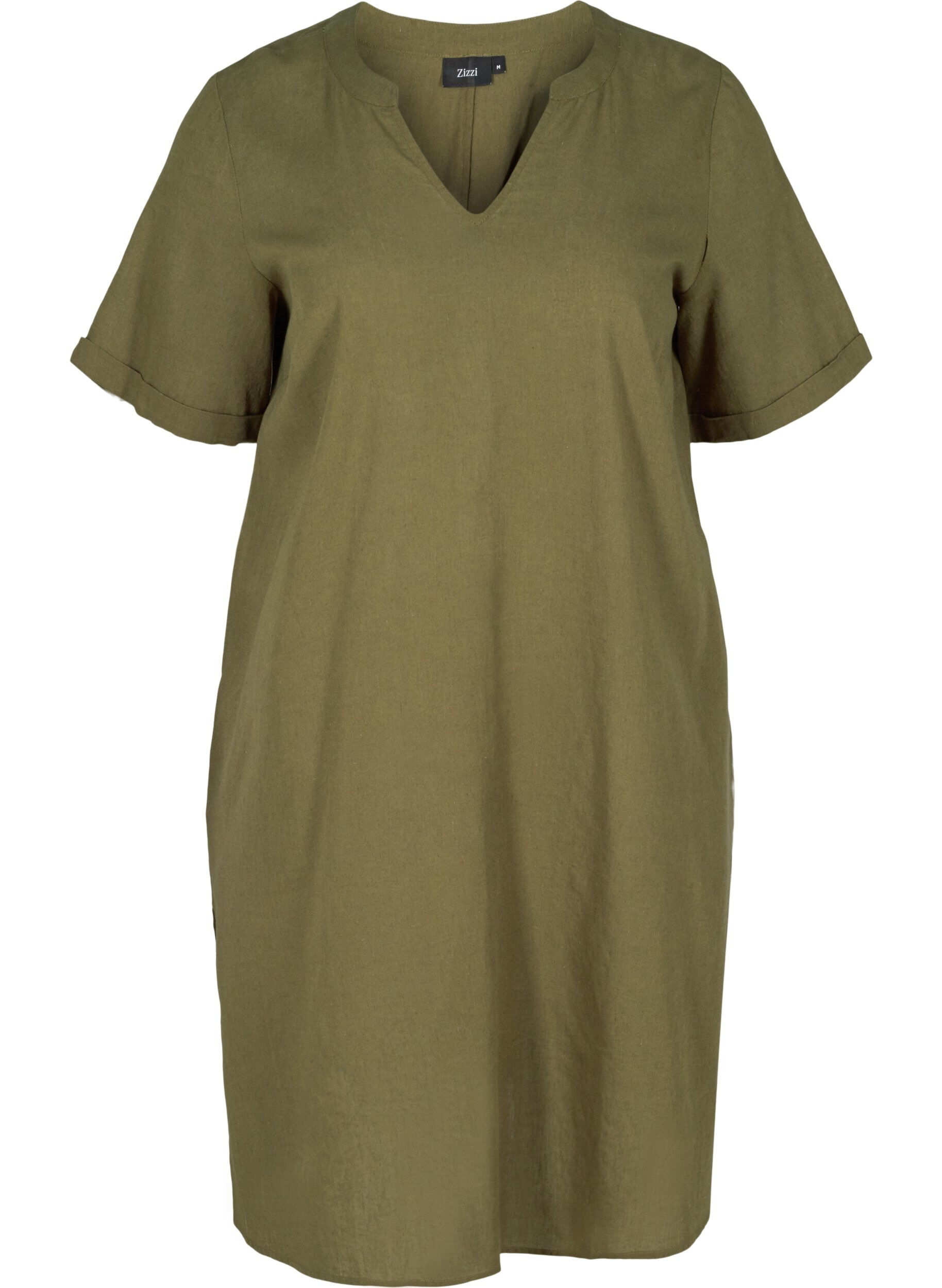 Zizzifashion Short-sleeved dress in a cotton blend with linen, Ivy Green, Packshot image number 0