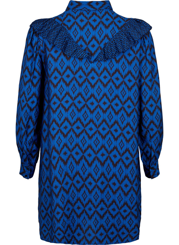 Long viscose shirt with print and frills, True blue w. Black, Packshot image number 1
