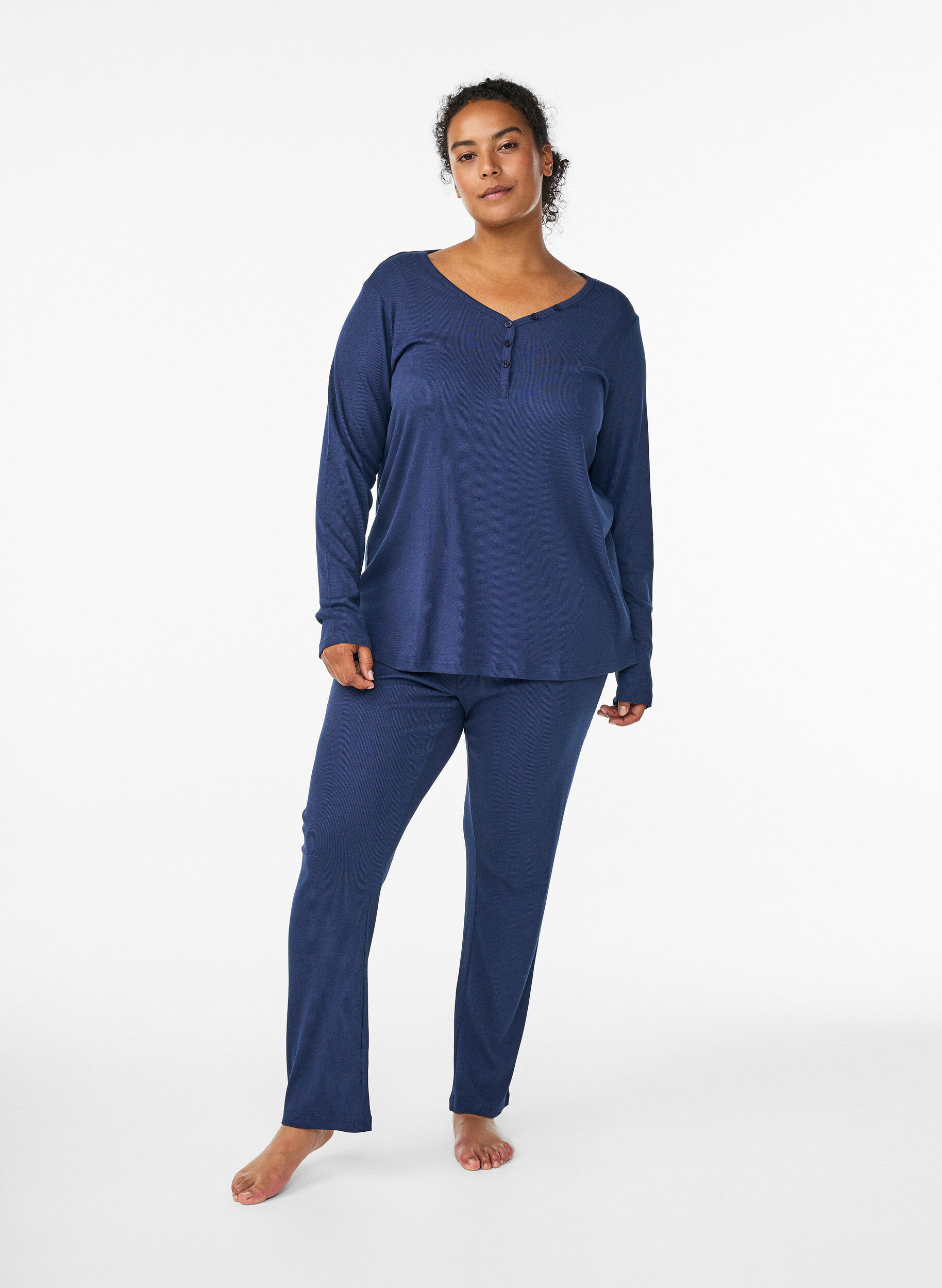 Zizzifashion Ribbed night top with long sleeves and buttons, Blue, Model image number 1