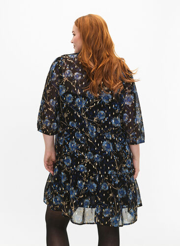 Tunic with floral print and lurex, Black Blue Flower, Model image number 1