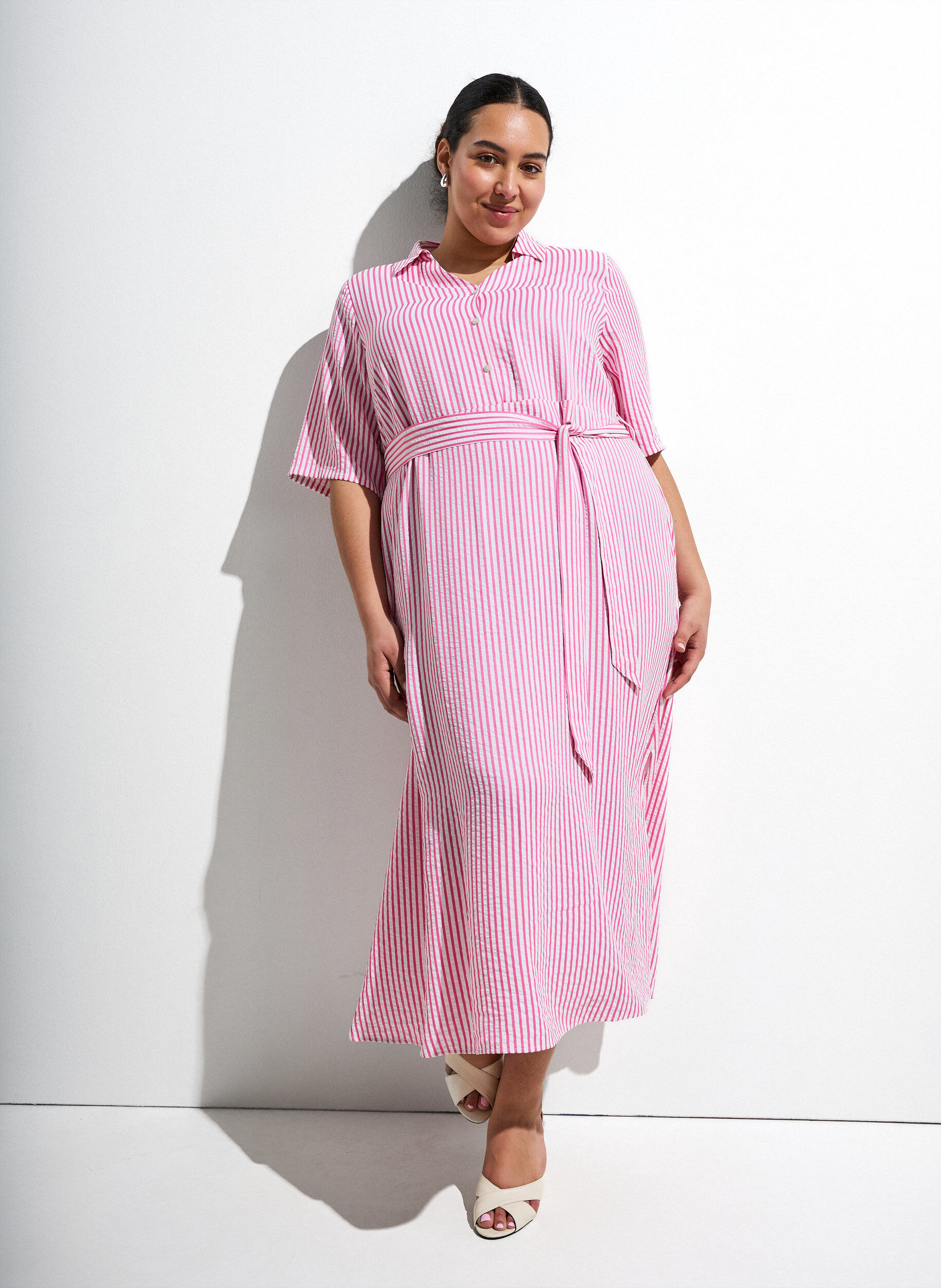 ZizzifashionAnkle-length shirt dress with tie belt and stripes, Pink, Image image number 0