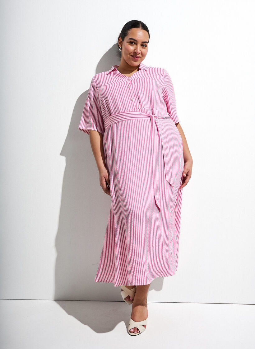 Ankle-length shirt dress with tie belt and stripes, Pink, Image image number 0