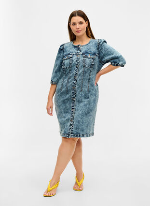 Puff sleeve denim dress, Medium Blue Denim, Model image number 3