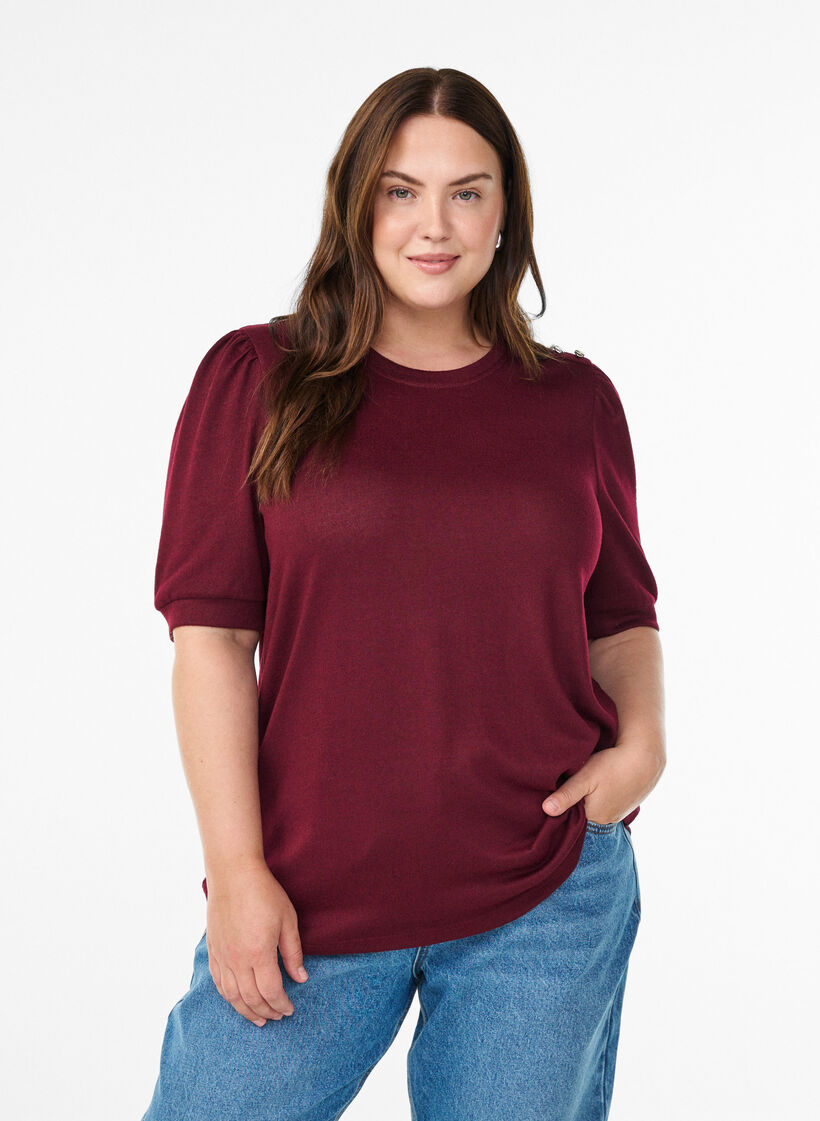 Blouse with button detail and short puff sleeves, Dark Bordeaux, Model image number 0