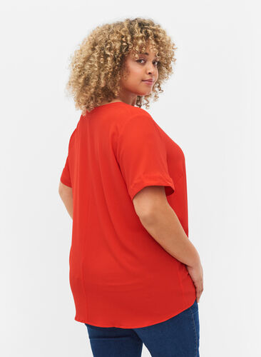 Short-sleeved blouse with v-neckline, Fiery Red, Model image number 1