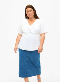 Midi-length denim skirt with back slit, Denim Blue, Model