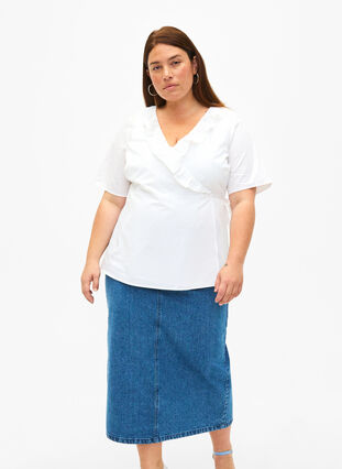 Midi-length denim skirt with back slit, Denim Blue, Model image number 0