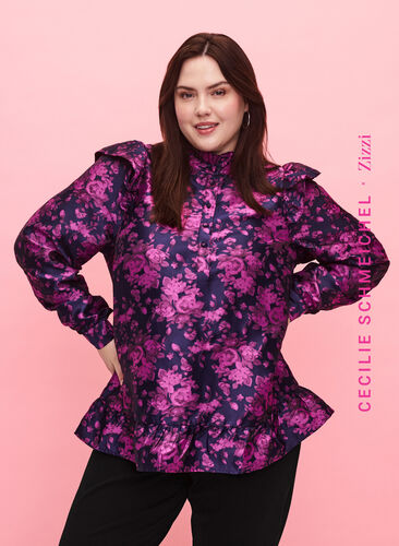 Floral jacquard blouse with ruffle details, Dark Blue Pink, Model image number 0