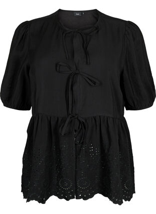 Viscose blouse with embroidery anglaise, Black, Packshot image number 0