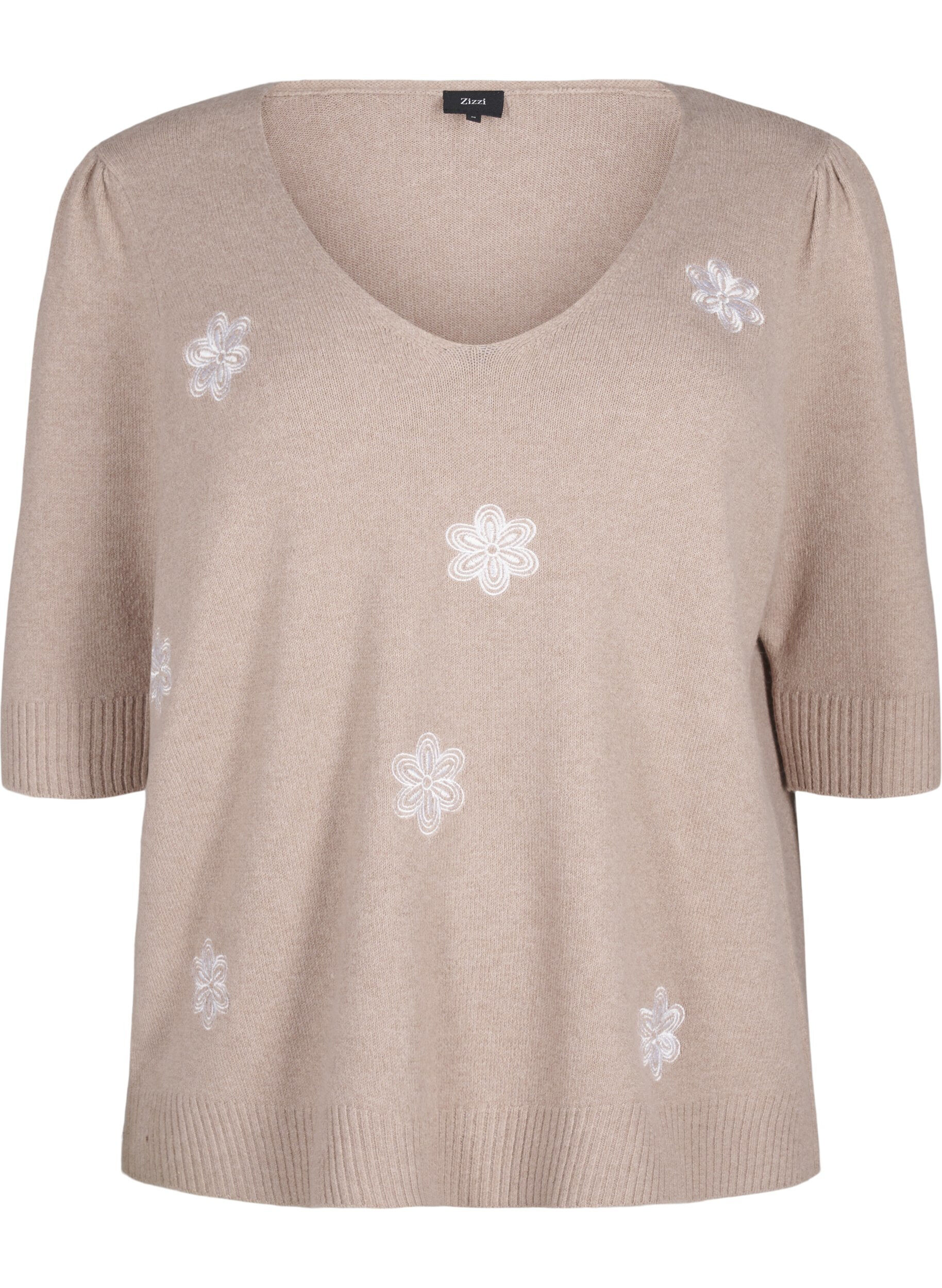 Zizzifashion Knitted blouse with embroidered flowers, Simply Taupe Mel., Packshot image number 0
