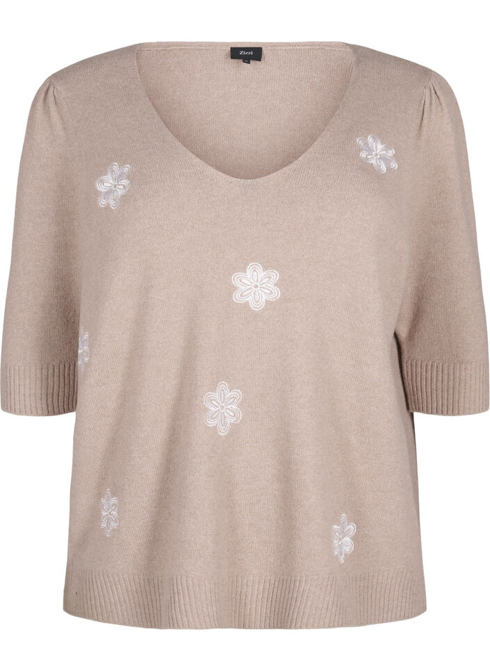 Knitted blouse with embroidered flowers, Simply Taupe Mel., Packshot image number 0