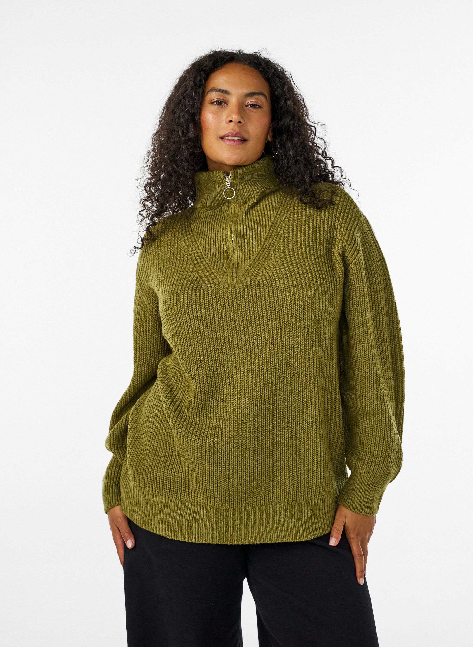 ZizzifashionKnitted sweater with high neck and zipper, Green, Model image number 0