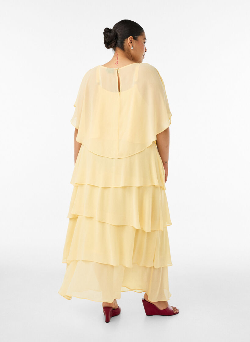 Maxi dress with ruffle layers and detachable cape, Yellow, Model image number 1