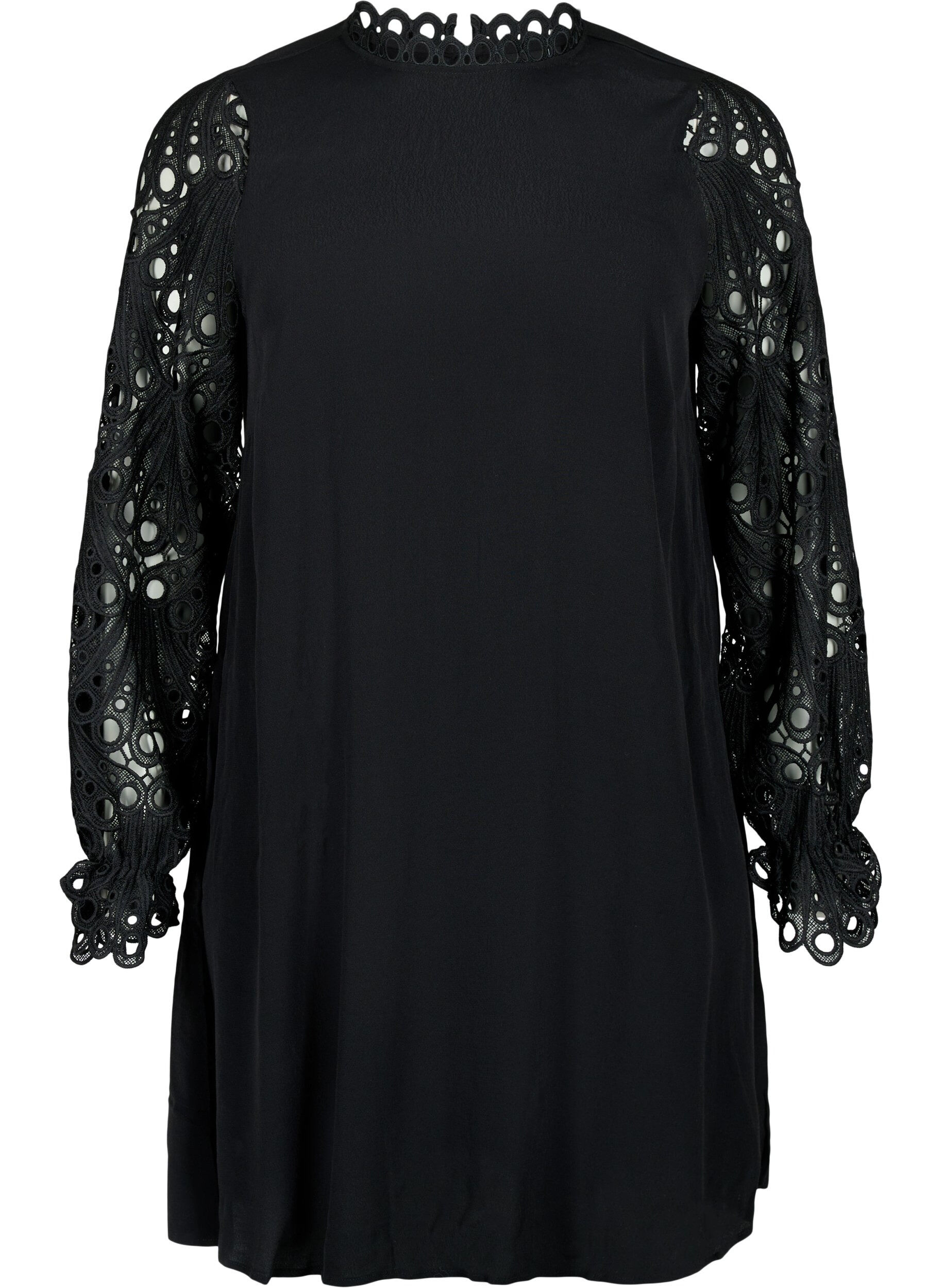 Zizzifashion Viscose dress with crochet sleeves, Black, Packshot image number 0