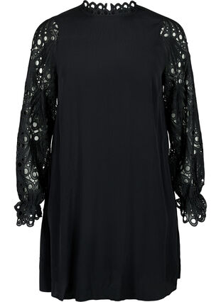 Viscose dress with crochet sleeves, Black, Packshot image number 0
