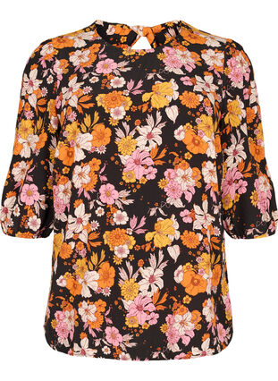 Floral viscose blouse with a back cut-out, Black Flower AOP, Packshot image number 0