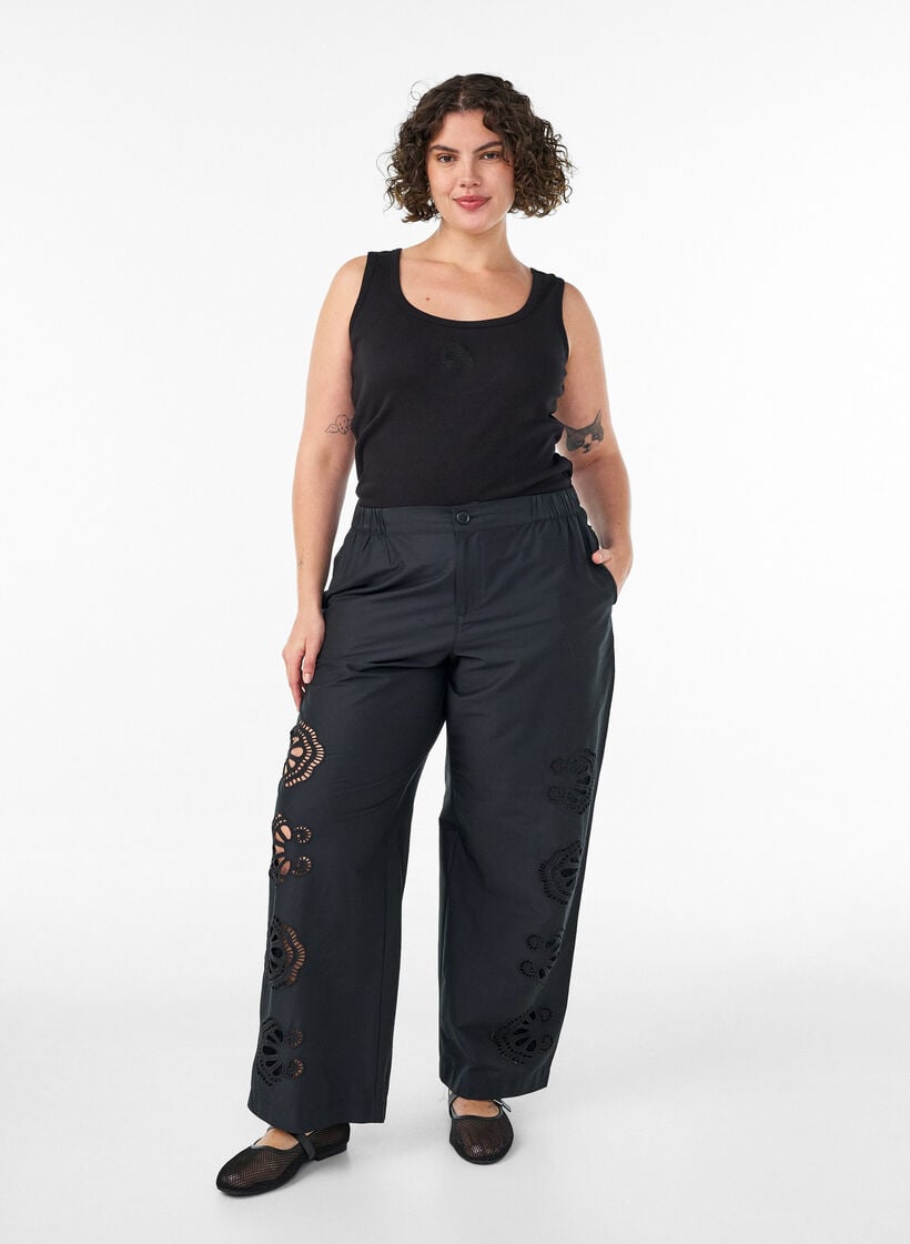 Cotton trousers with embroidered cut-outs, Black, Model image number 0