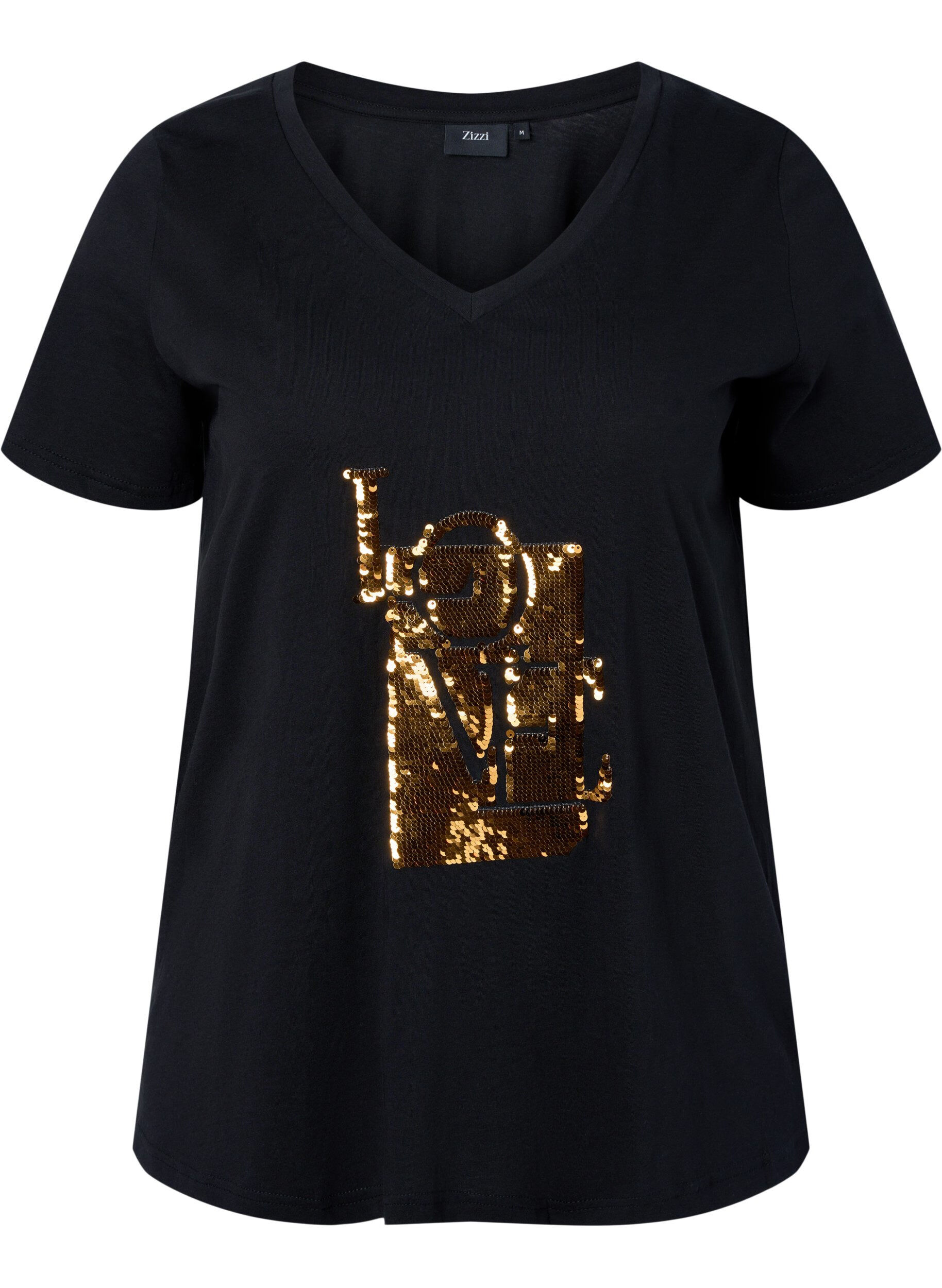 Zizzifashion Cotton t-shirt with sequins, Black w. Love, Packshot image number 0