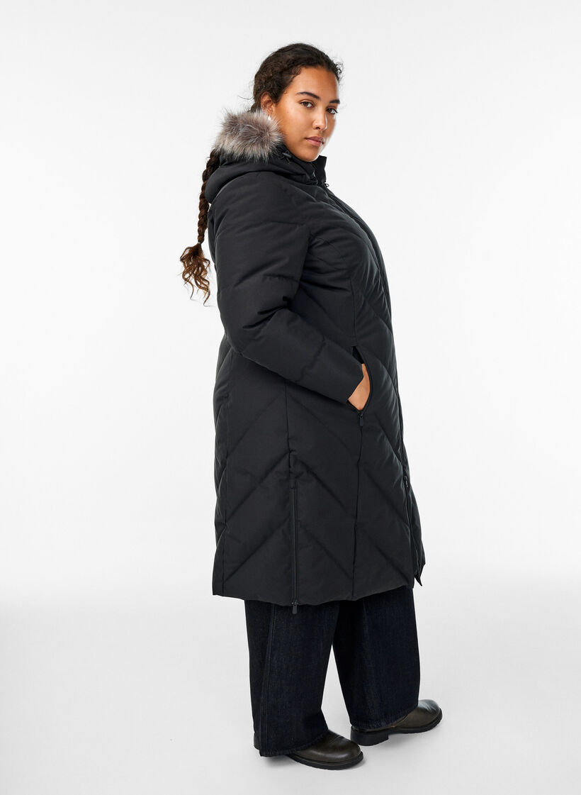 Long winter coat with hook fastenings and a faux fur collar, Black, Model image number 1