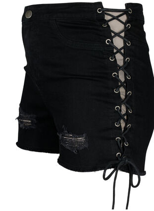 Ripped denim shorts with drawstring waistband, Black Denim, Packshot image number 2