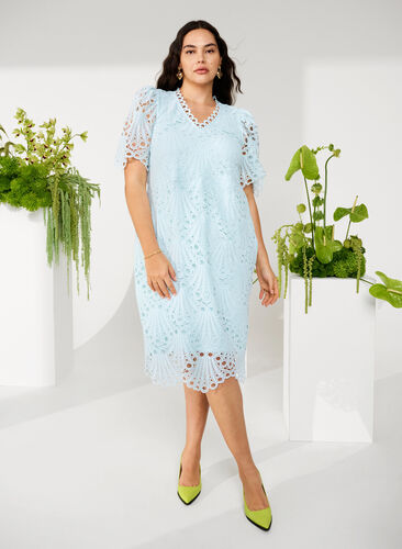 Crochet dress with short sleeves, Delicate Blue, Image image number 0