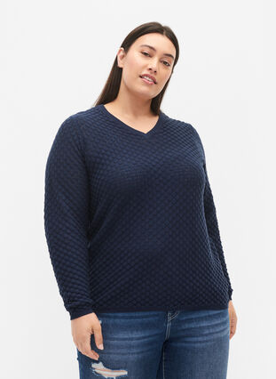 Patterned knitted top with v-neckline, Navy Blazer, Model image number 0