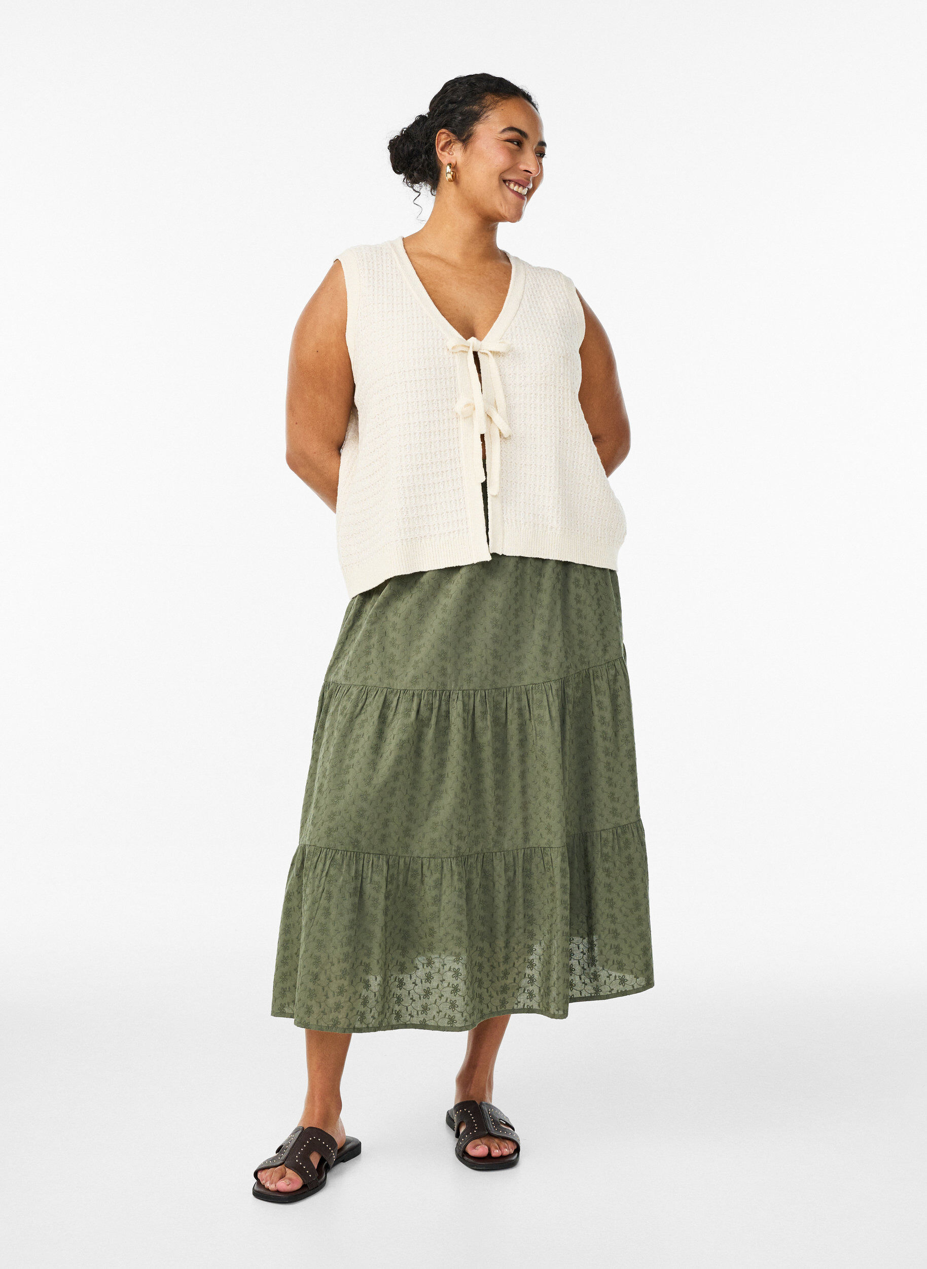 Zizzifashion Textured knit vest with tie-belt, Vanilla, Model image number 1