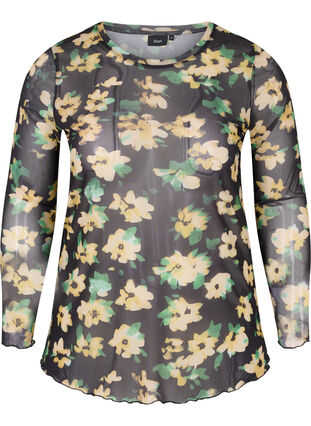 Tight fit mesh blouse with floral print, Yellow Green AOP, Packshot image number 0