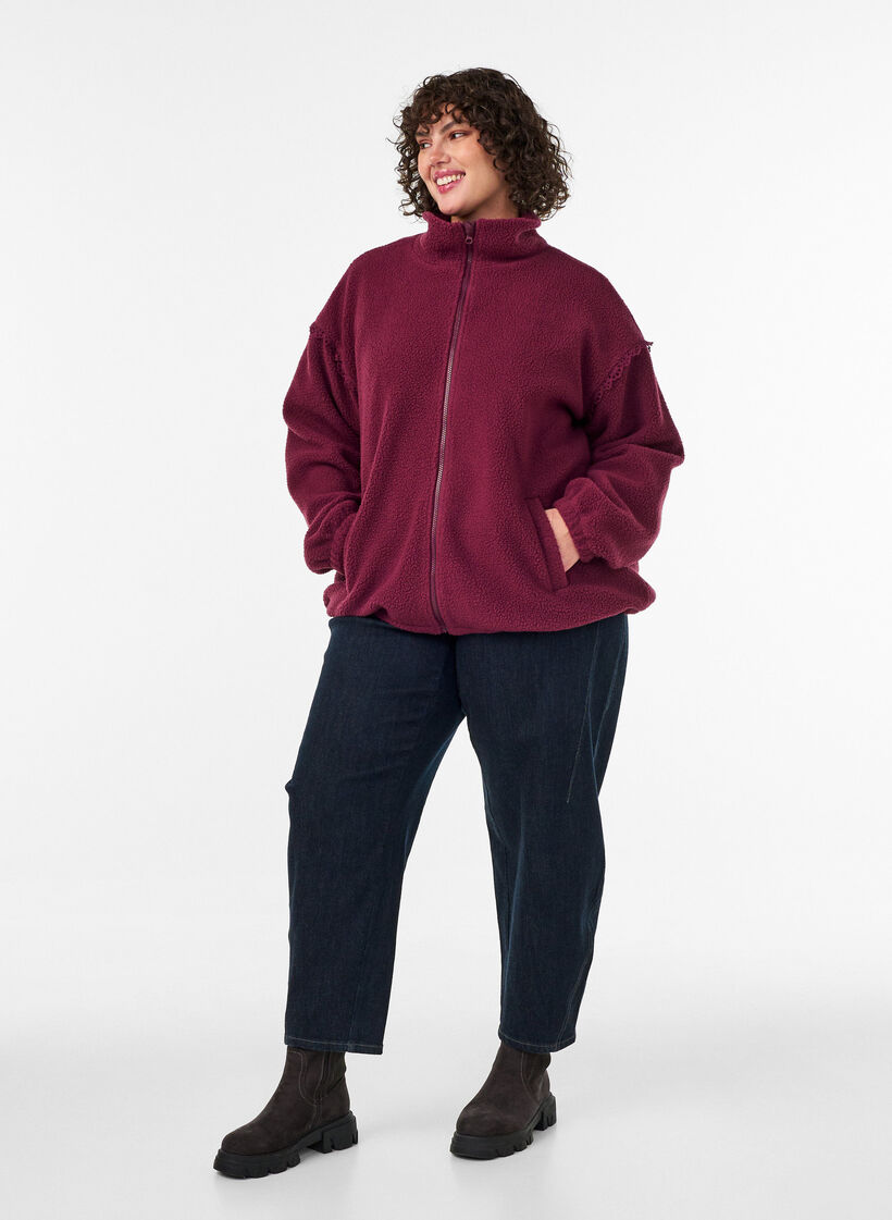 Teddy jacket with eyelet embroidery trim and high collar, Red, Model image number 1