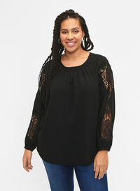 Long sleeve blouse with crochet details, Black, Model
