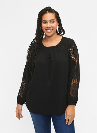 Long sleeve blouse with crochet details, Black, Model image number 0