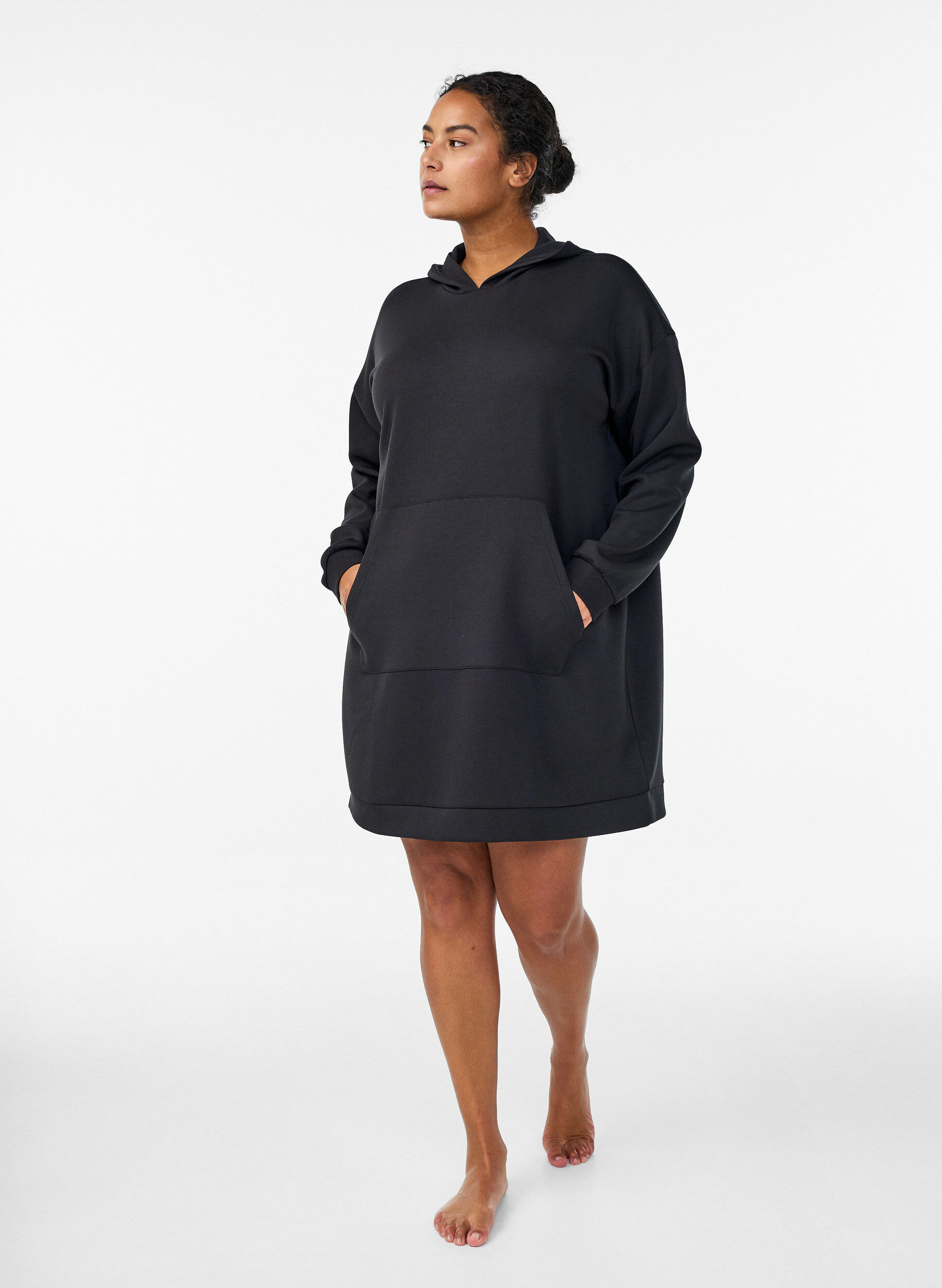 Zizzifashion Short hoodie dress with a kangaroo pocket, Black, Model image number 1