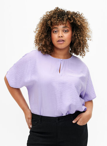 Short sleeve blouse in viscose, Violet Tulip, Model image number 0