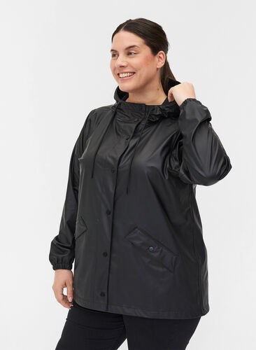 Short rain jacket with hood and button fastening, Black, Model image number 0