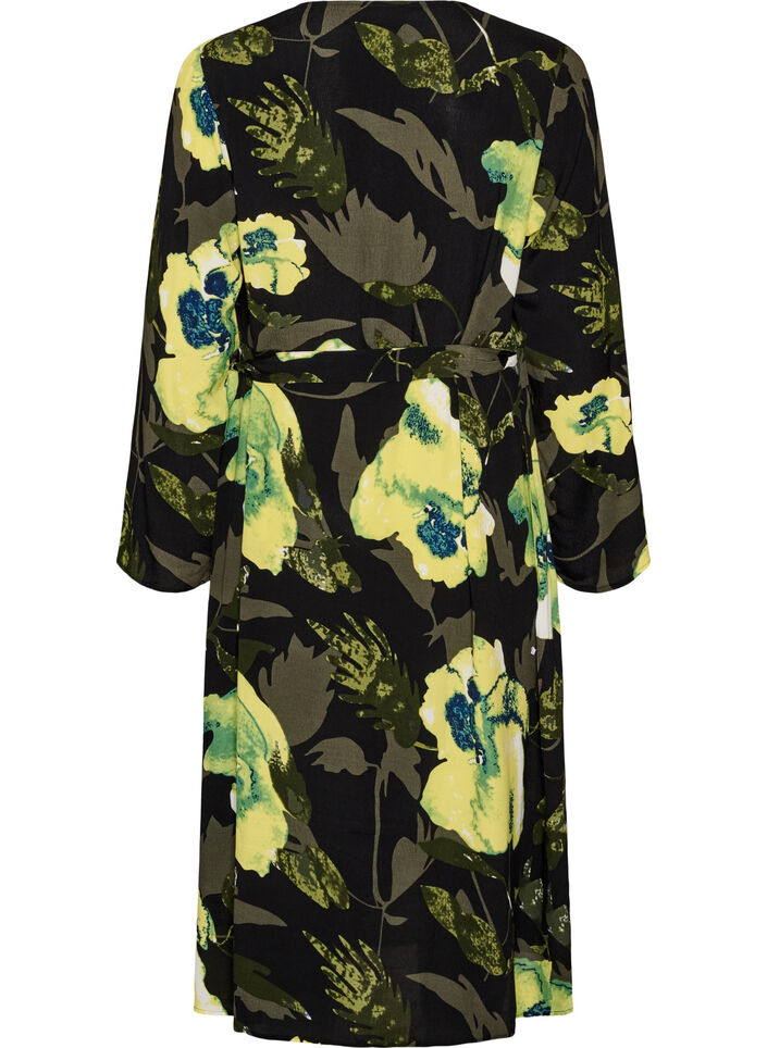 Floral wrap dress in viscose with a tie belt, Black, Packshot image number 1