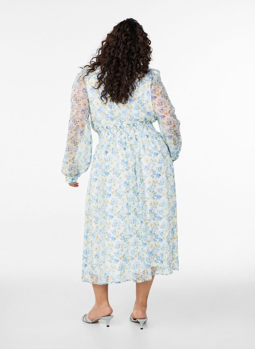 Floral midi dress with wrap-look and smock, Light Blue, Model image number 1