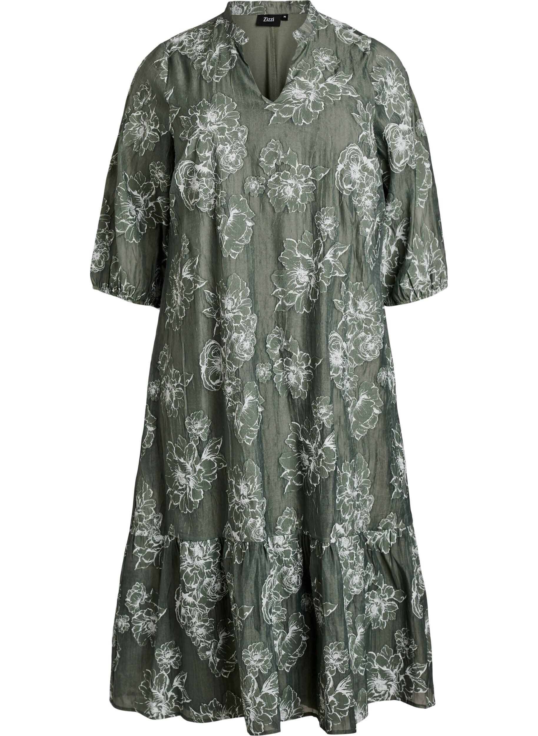 Midi dress with a floral print and sheer 3/4 sleeves