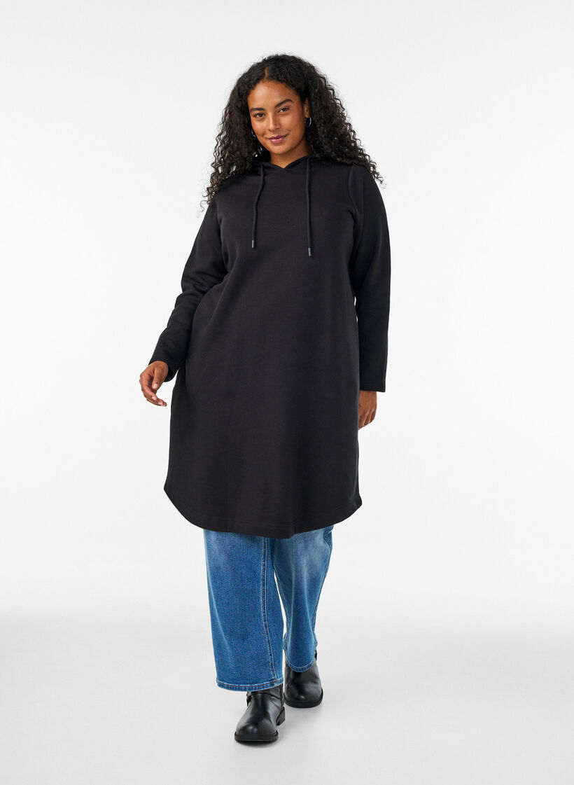 Hooded sweatshirt dress with pockets, Black, Model image number 0