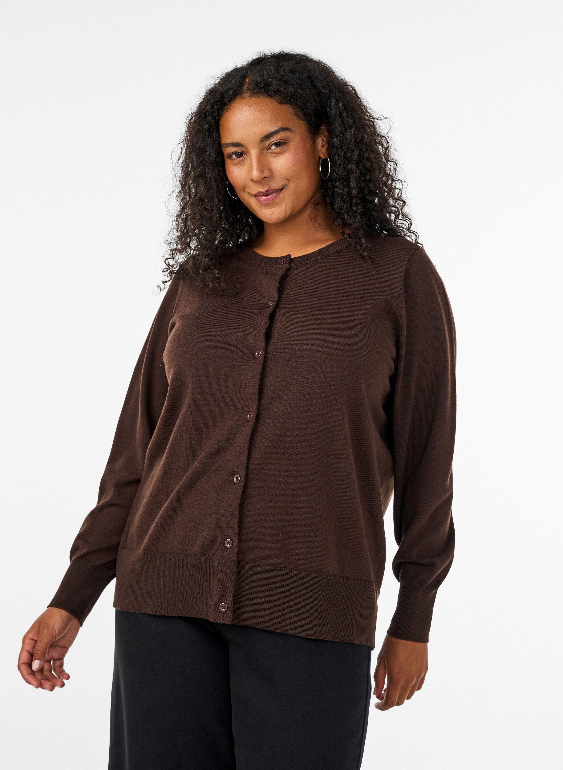 ZizzifashionFine-knit cardigan with round neck, Brown, Model image number 0