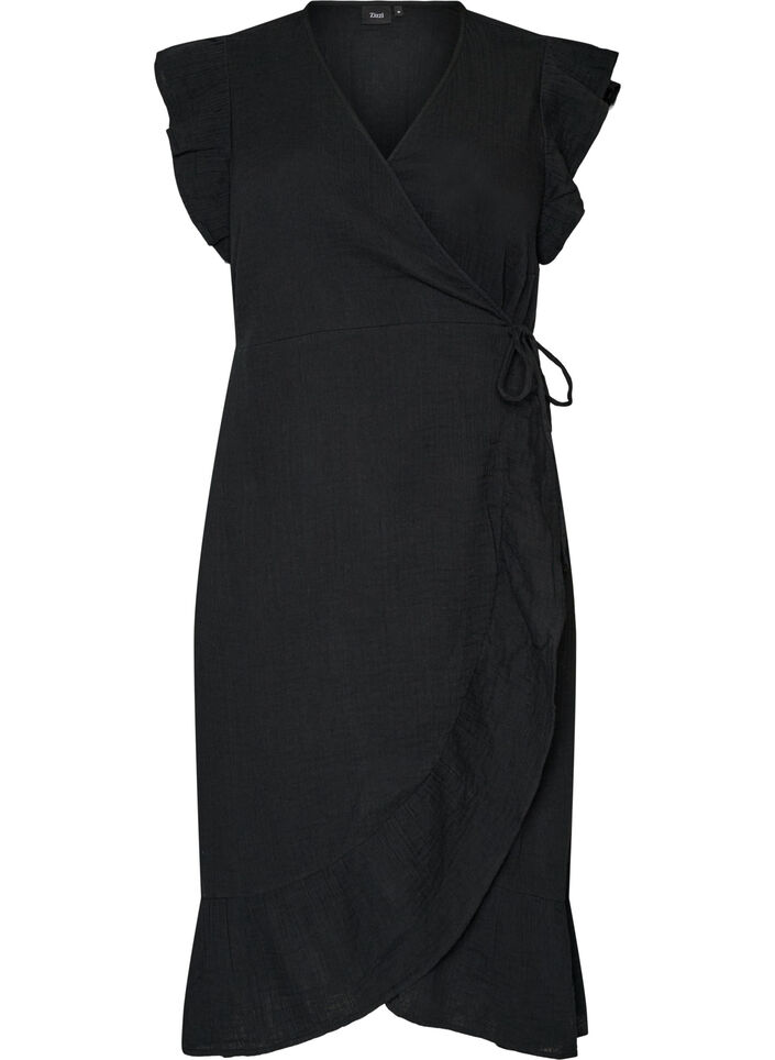 Wrap dress in cotton muslin with ruffles, Black, Packshot image number 0